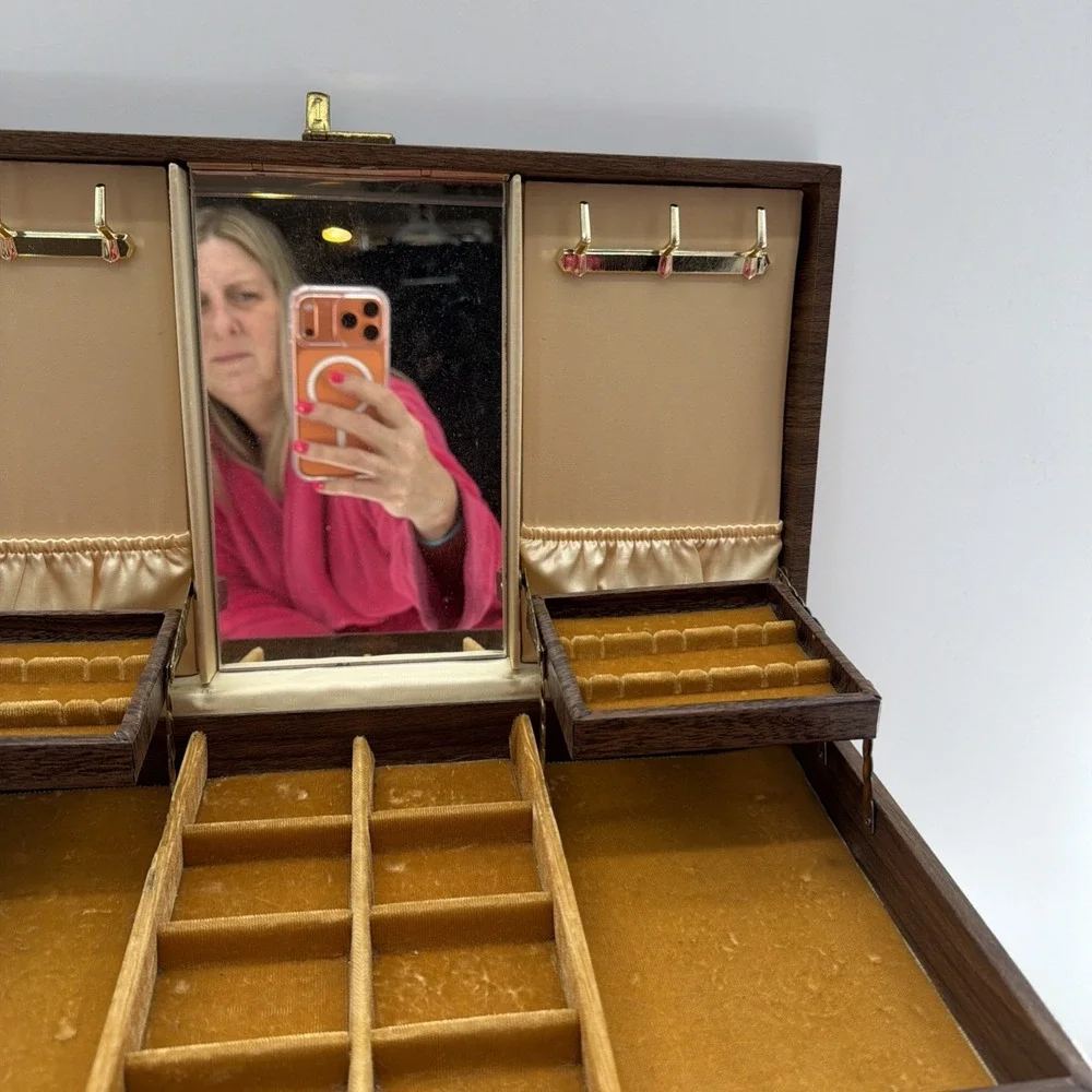 Midcentury Leatherette Large Drawer Jewelry Box, With Mirror 16x9x6.5